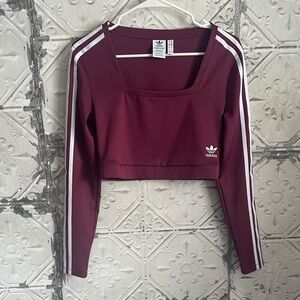 Adidas Women's Burgundy Crop Top with White Stripes